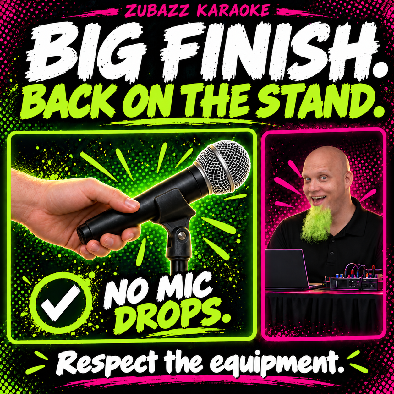 A microphone is carefully placed into its stand clip beside Zubazz at his equipment. No mic drops; respect the equipment.