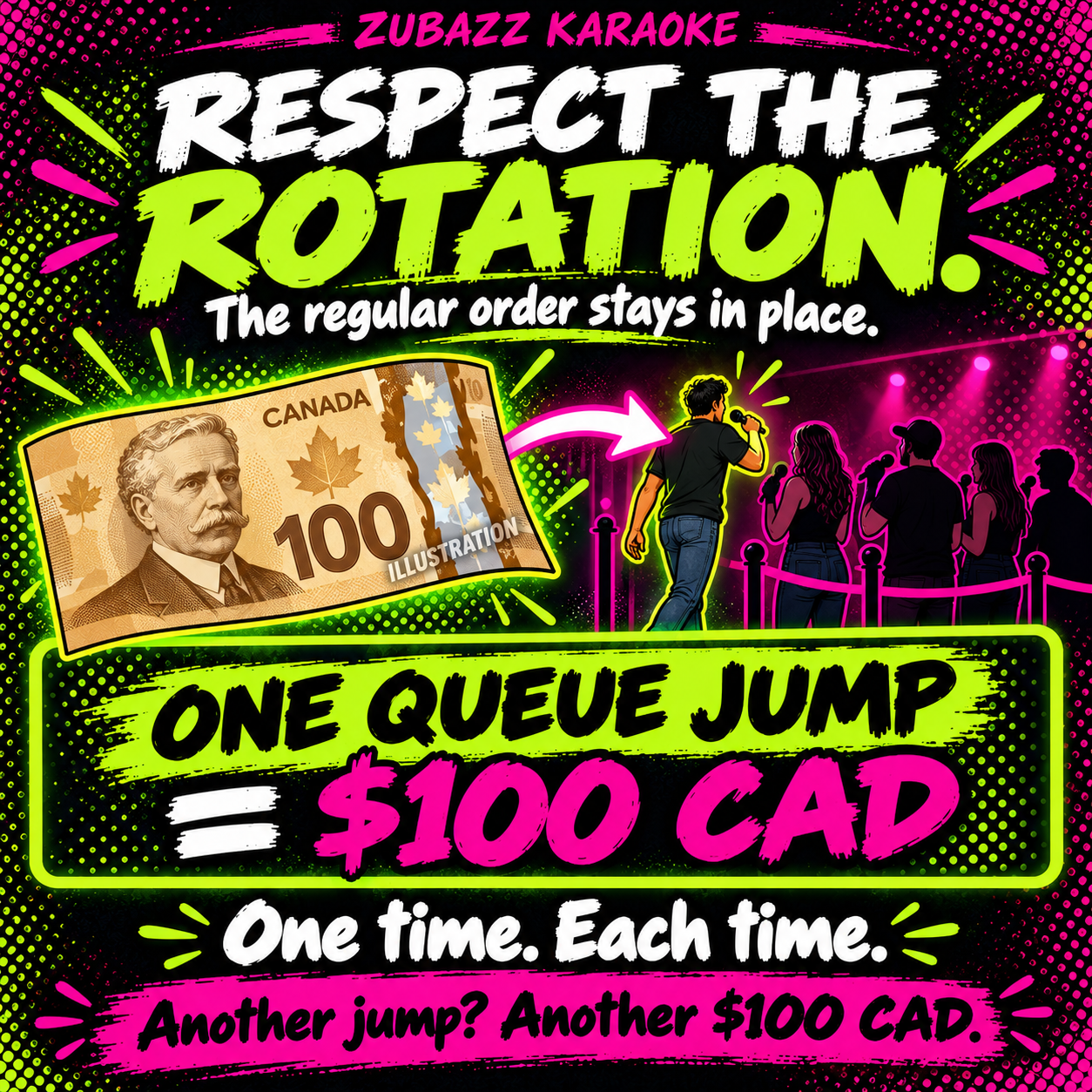 A brown Canadian 100-dollar illustration represents one queue jump, one time, with another 100 CAD required for each additional jump.
