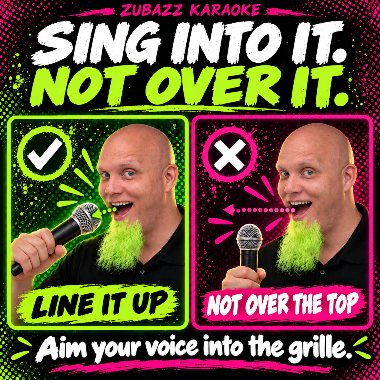 Zubazz demonstrates mouth and microphone grille aligned, compared with the mistake of holding the microphone below his mouth and singing over it.